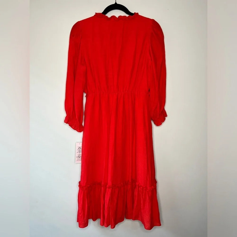 Nanette Lepore Hot Coral 3/4 Sleeve Tired Ruffle Midi Dress V-neck sz 4 NWT - Picture 4 of 8